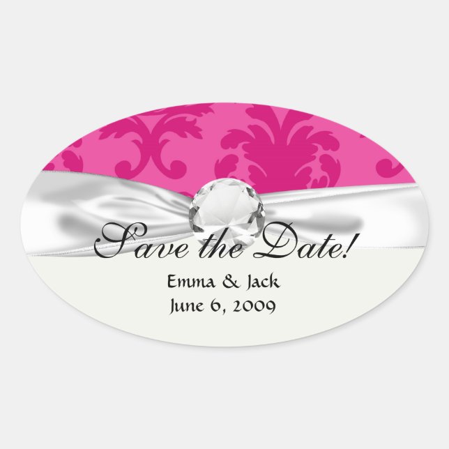 hot pink on pink chic damask pattern oval sticker (Front)