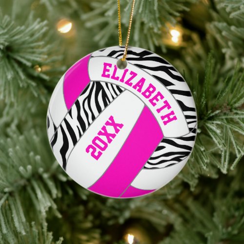 hot pink or ANY COLOR w black zebra volleyball Ceramic Ornament
