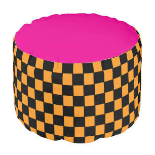 Hot Pink Orange And Black Checkerboard Pouf