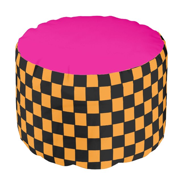 Hot Pink Orange And Black Checkerboard Pouf (Angled Front)