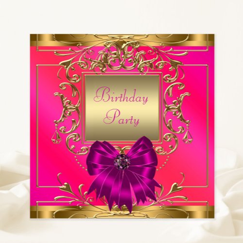 Hot Pink Orange and Gold Birthday Party Invitation