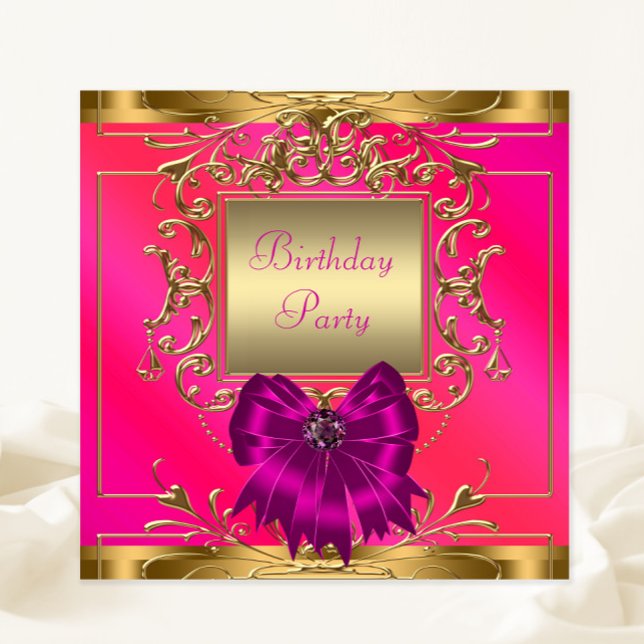 Hot Pink, Orange and Gold Birthday Party Invitation (You can change all of the text as needed.)