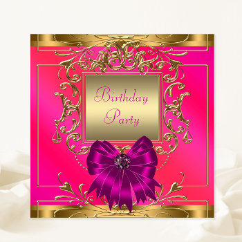 Hot Pink  Orange And Gold Birthday Party Invitation by Champagne_N_Caviar at Zazzle