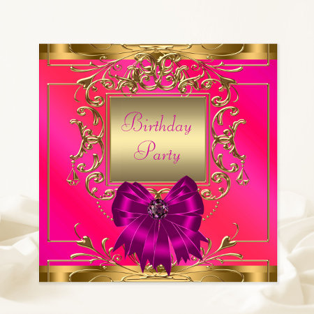 Hot Pink, Orange And Gold Birthday Party Invitation