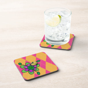 Hot Pink & Orange Argyle Ladybug & Flower Beverage Coaster