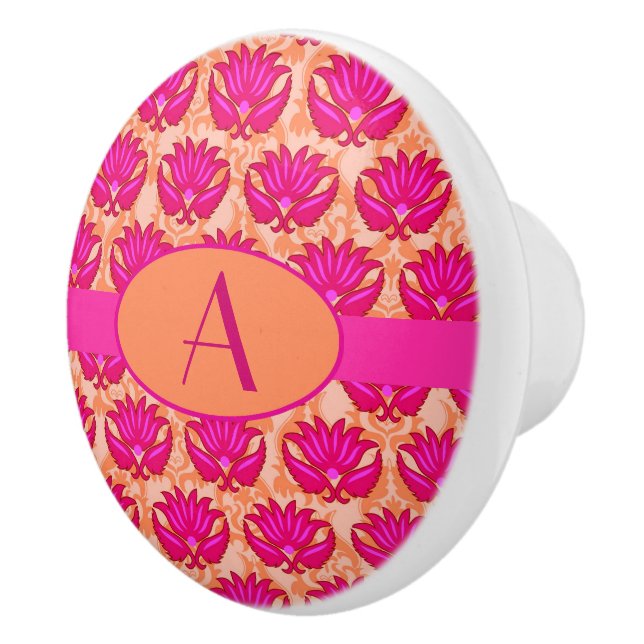 Hot Pink Orange Art Nouveau Damask Monogram Ceramic Knob (Right)