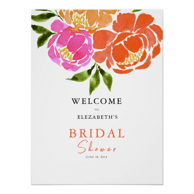Hot Pink Orange Bridal Shower Wedding Welcome Poster (Front)
