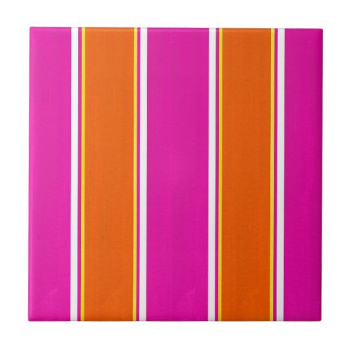 Hot Pink Orange Cabana Stripes Ceramic Tile