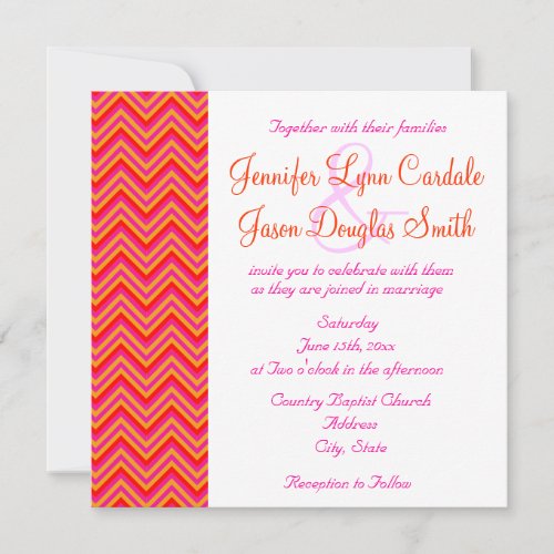 Hot Pink Orange Chevron Wedding Invitation