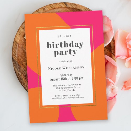 Hot Pink Orange Colorful Birthday Party Invitation