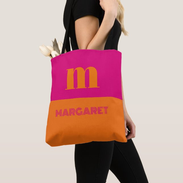 Hot pink & orange custom initial name modern tote bag (Close Up)