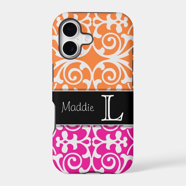 Hot Pink & Orange Damask Monogram iPhone 5 Case (Back)