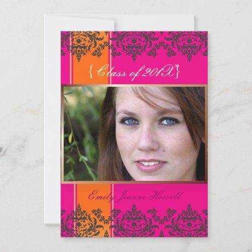 Hot Pink + Orange + Damask Photo Invitations