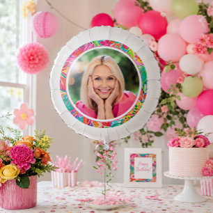 Hot Pink Orange Floral Birthday Photo Balloon