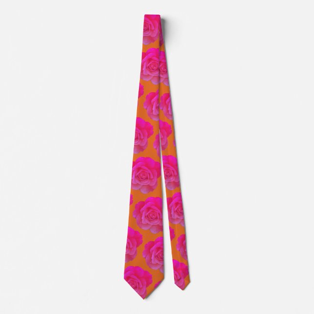 Hot Pink Orange Floral Rose Modern Stylish Gift Neck Tie (Front)