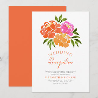 Hot Pink Orange Floral Wedding Reception Invitation