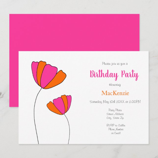 Hot Pink Orange Flowers Invitation (Front/Back)
