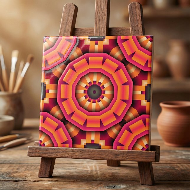 Hot Pink & Orange Funky Retro Geometric Mandala Ceramic Tile (Creator Uploaded)
