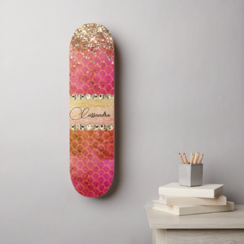 Hot Pink Orange Glittery Diamond Bling Skateboard