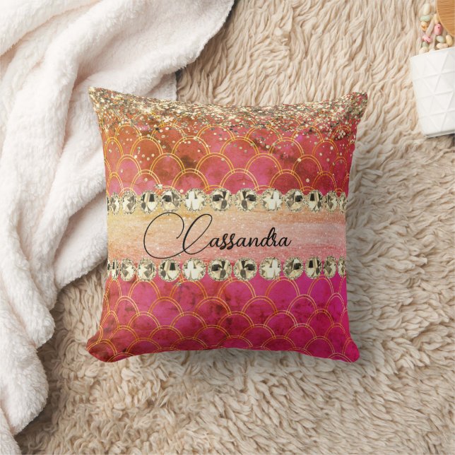 Hot Pink Orange Glittery Diamond Bling   Throw Pillow (Blanket)