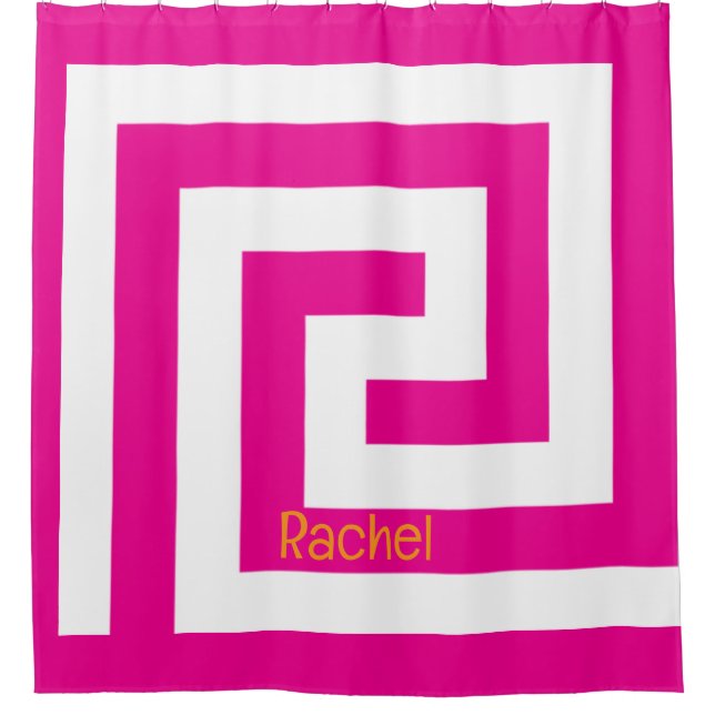Hot Pink Orange Greek Key Monogram Name White Shower Curtain (Front)