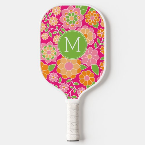 Hot Pink Orange Green Flowers with Custom Monogram Pickleball Paddle