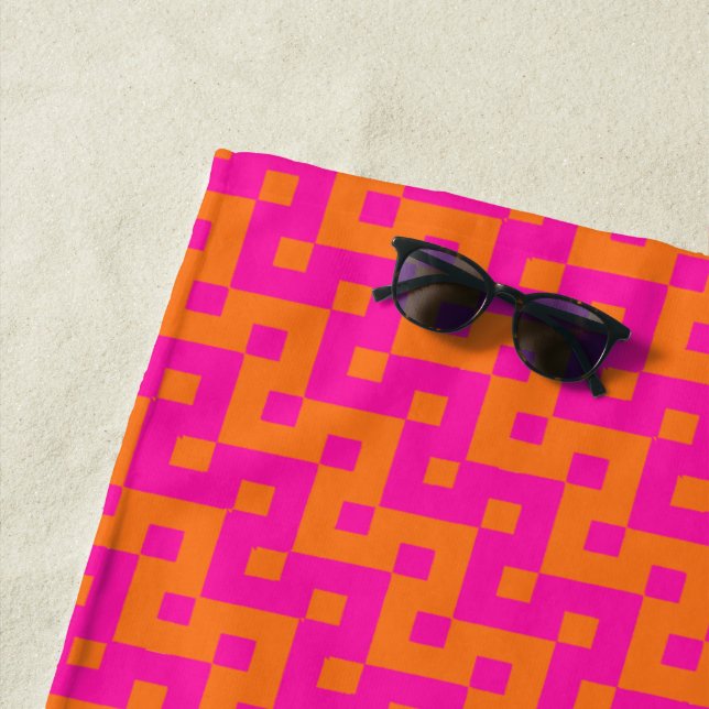 Hot Pink, Orange Islamic Mosaic Chevron Pattern Beach Towel (In Situ)
