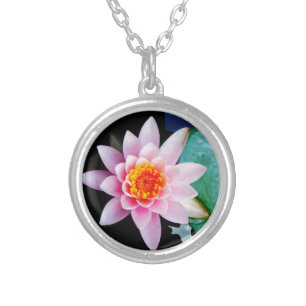 Hot Pink & orange lotus water lily flower Silver Plated Necklace