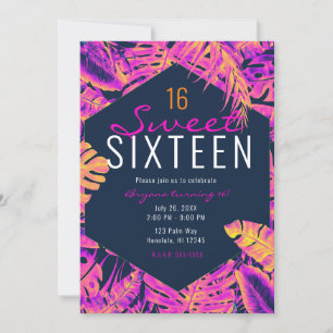 Hot Pink Orange Navy Tropical Palm Leaves Sweet 16 Invitation