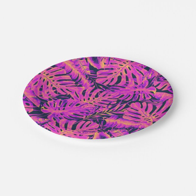 Hot Pink Orange Navy Tropical Palm Leaves Wedding Paper Plates (Angled)