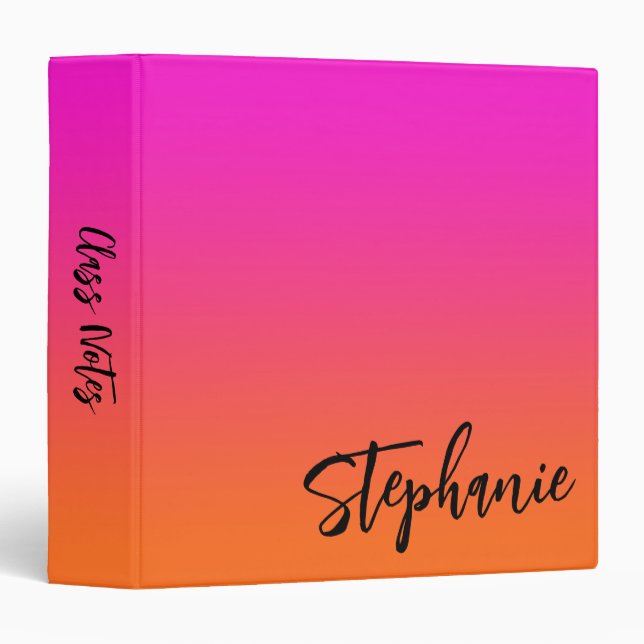 Hot Pink Orange Ombre Hand Lettering Script 3 Ring Binder (Front/Spine)