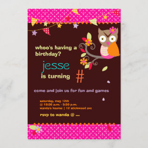 Hot Pink/Orange Owl/DIY color... Birthday Party Invitation