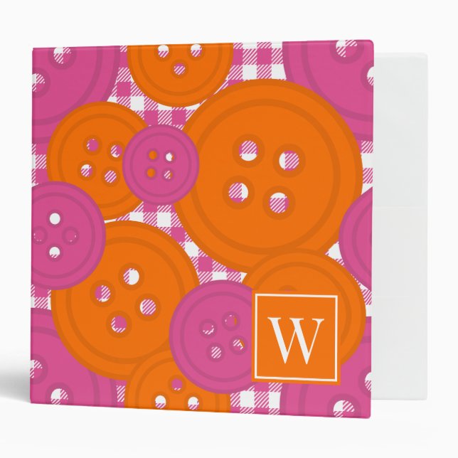Hot Pink & Orange Preppy Buttons Craft & Sewing  3 Ring Binder (Front/Inside)