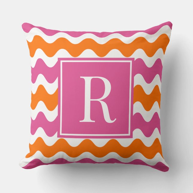 Hot Pink & Orange Preppy Ric Rac Stripe Monogram  Throw Pillow (Front)
