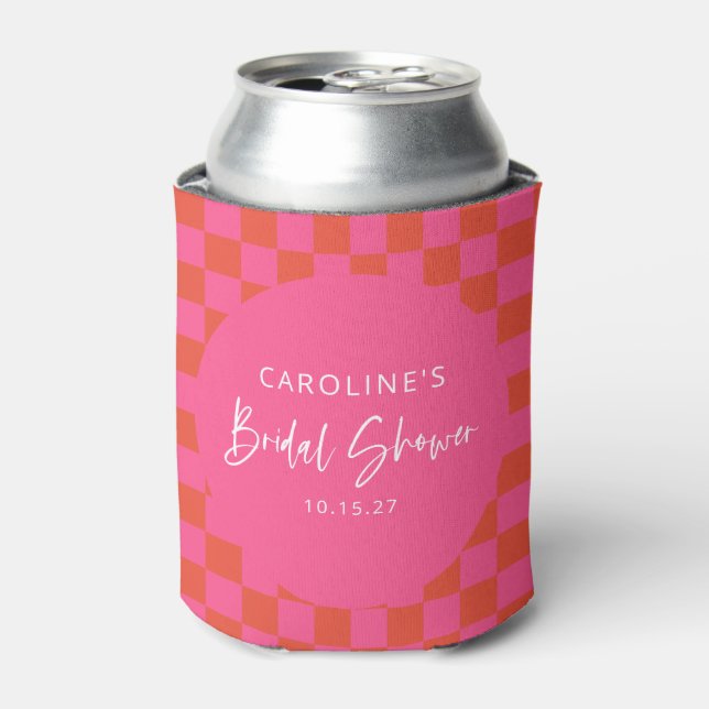 Hot Pink Orange Retro Checkerboard Bridal Shower Can Cooler (Can Front)