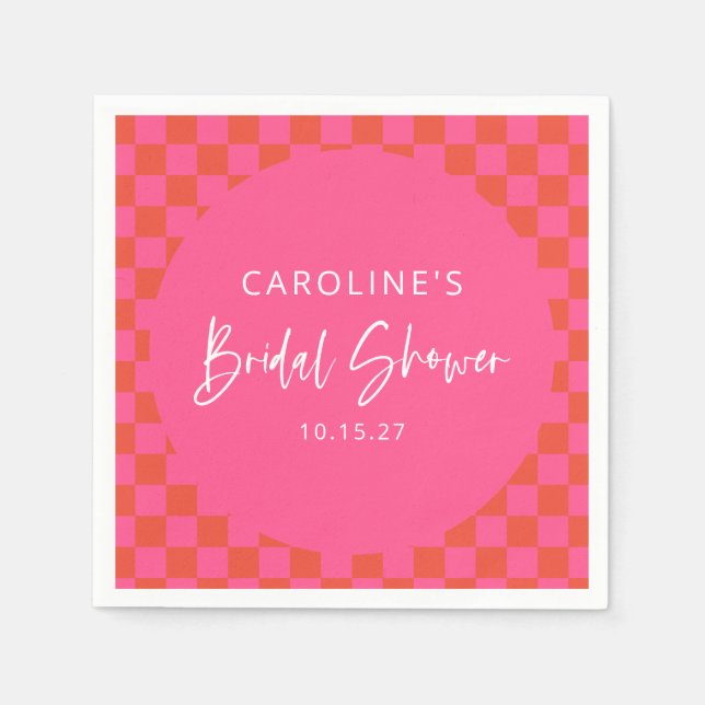 Hot Pink Orange Retro Checkerboard Bridal Shower Napkins (Front)