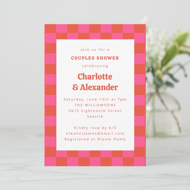 Hot Pink Orange Retro Checkerboard Couples Shower Invitation (Standing Front)