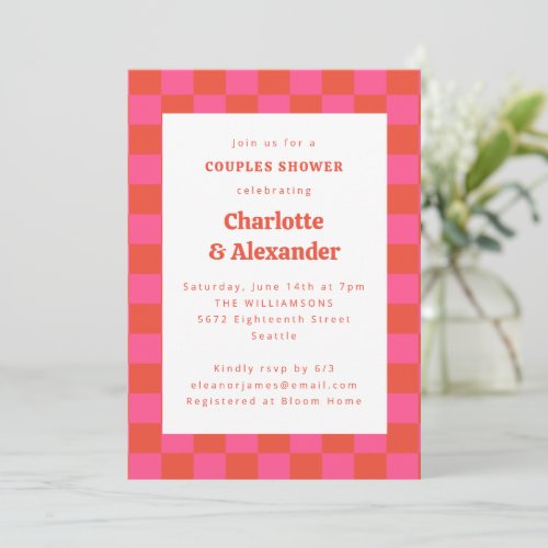 Hot Pink Orange Retro Checkerboard Couples Shower Invitation