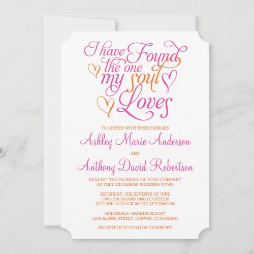 Hot Pink Orange Soul Loves Heart Wedding Invitation