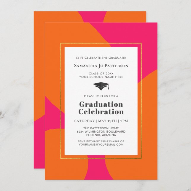 Hot Pink Orange Trendy Graduation Party Invitation (Front/Back)