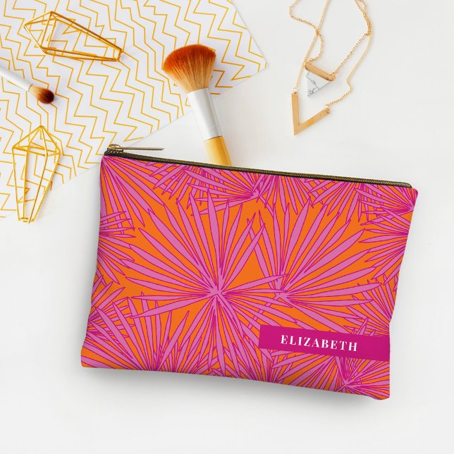 Hot Pink Orange Tropical Palm Leaf Personalized   Accessory Pouch (Creator Uploaded)