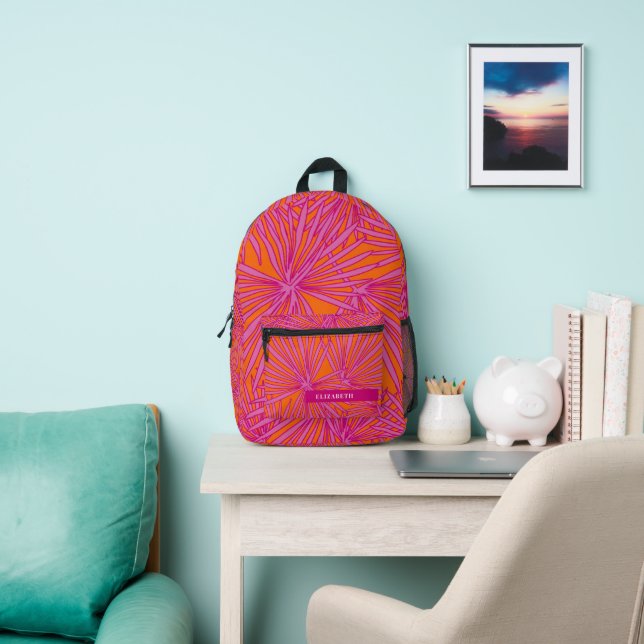 Hot Pink Orange Tropical Palm Leaves Personalized Printed Backpack (Insitu)