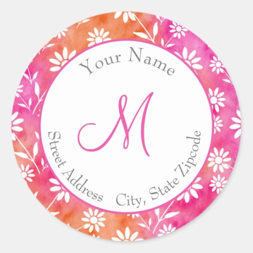 Hot Pink Orange Watercolor Abstract Daisies Label