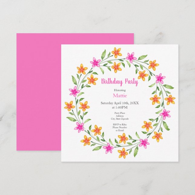 Hot Pink & Orange Watercolor Floral Wreath  Invitation (Front/Back)