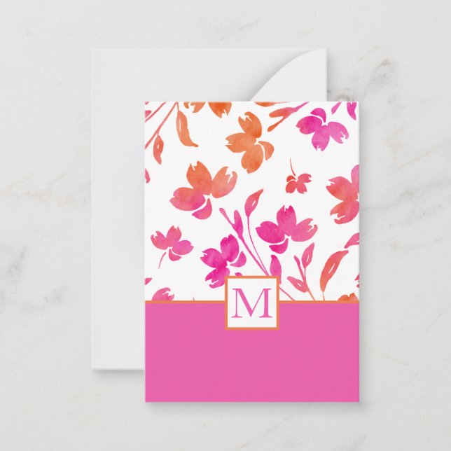 Hot Pink Orange Watercolor Flower Stems Note Card (Front)