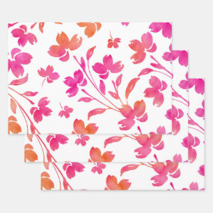 Hot Pink & Orange Watercolor Flower Stems  Wrapping Paper Sheets