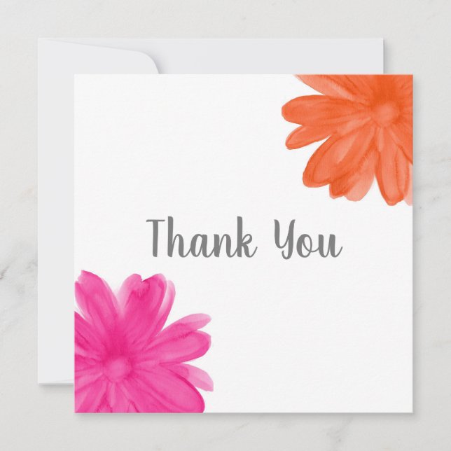 Hot Pink Orange Watercolor Flower Thank You Card (Front)