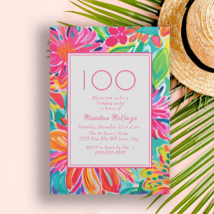 Hot Pink Orange Watercolor Flowers 100th Birthday Invitation