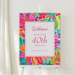 Hot Pink Orange Watercolor Flowers 40th Birthday Foam Board