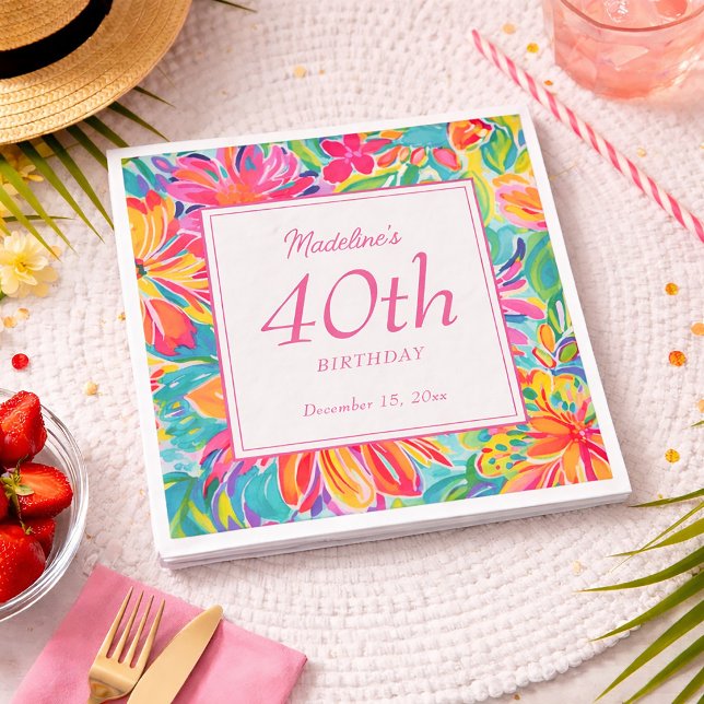 Hot Pink Orange Watercolor Flowers 40th Birthday Napkins (Hot pink, orange, and teal tropical 40th birthday party paper napkins)